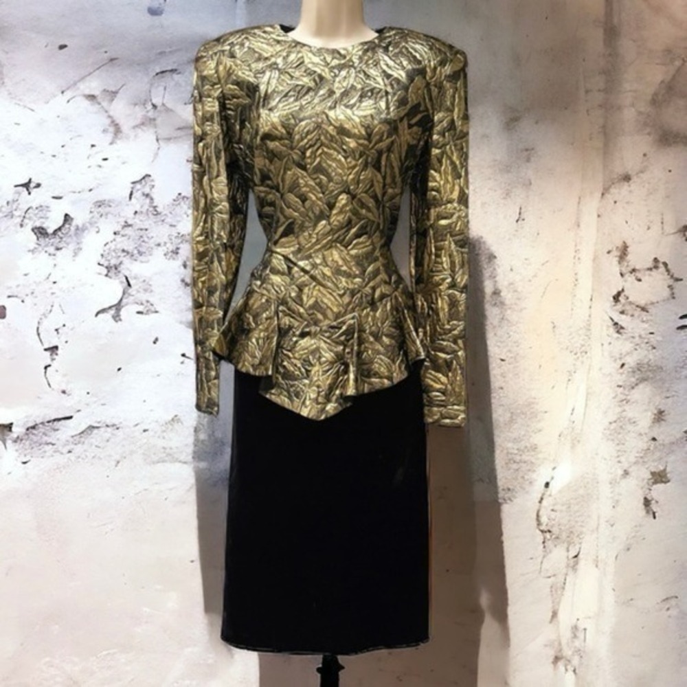 Gold Lamé Metallic Brocade Velvet Peplum Sexy Pencil Skirt VNTG Cocktail Dress